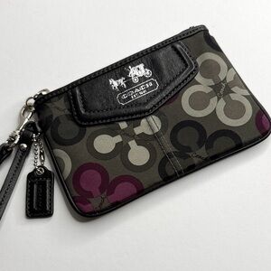 COACH Purple, Black & Gray Small Satin Wristlet with Leather Trim